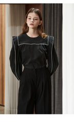 Elegant Linen Blouse with Structured Sleeves and Contrast Piping – Premium Women's Shirt Top