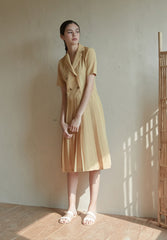 Short Sleeve Pleated Midi Linen Dress with Double-Breasted Front and Tailored Lapel Collar