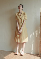 Short Sleeve Pleated Midi Linen Dress with Double-Breasted Front and Tailored Lapel Collar