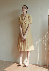 Short Sleeve Pleated Midi Linen Dress with Double-Breasted Front and Tailored Lapel Collar