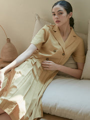 Short Sleeve Pleated Midi Linen Dress with Double-Breasted Front and Tailored Lapel Collar