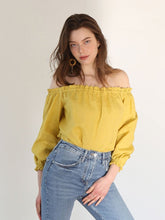 Off-Shoulder Relaxed-Fit Linen Blouse with Elastic Sleeves