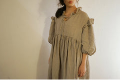 Vestido largo Madeline de lino y algodón con mangas abullonadas y volantes