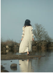 Laura Linen Cotton Square Neck Marie Sleeve Maxi Shirt Dress