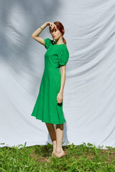 Elegant Puff-Sleeve A-Line Midi Linen Dress With Tailored Waist
