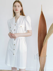 Tailored V-Neck Linen Midi Dress With Belt And Button-Front Detail For Women’s Spring Styling