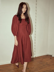 Square Neck Linen Midi Dress with Puff Sleeves and Flared Skirt