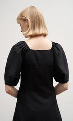 Square Neck Linen Midi Dress with Puff Sleeves and Button-Front Flared Silhouette