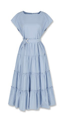 Cotton Poplin Midi Dress with Tiered Skirt and Belted Waist – Cap Sleeve Summer Essential