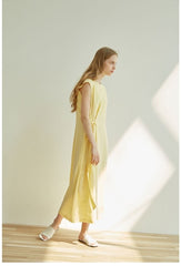 Sleeveless Midi Linen Dress for Women with Side Tie Detail and Back Keyhole Closure