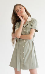 Short Sleeve Linen Shirt Dress with Waist Tie Belt and Contrast Collar for Effortless Chic