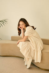 Elegant Tiered Puff Sleeve Linen Dress with Square Neckline and Flowy Silhouette