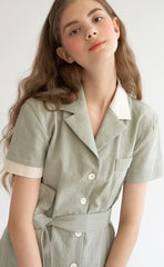 Short Sleeve Linen Shirt Dress with Waist Tie Belt and Contrast Collar for Effortless Chic