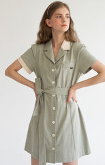 Short Sleeve Linen Shirt Dress with Waist Tie Belt and Contrast Collar for Effortless Chic