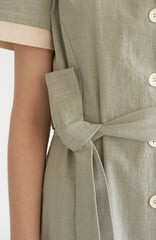 Short Sleeve Linen Shirt Dress with Waist Tie Belt and Contrast Collar for Effortless Chic