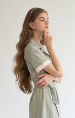 Short Sleeve Linen Shirt Dress with Waist Tie Belt and Contrast Collar for Effortless Chic