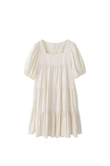 Elegant Tiered Puff Sleeve Linen Dress with Square Neckline and Flowy Silhouette