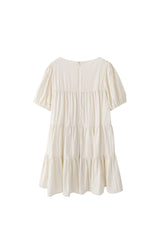 Elegant Tiered Puff Sleeve Linen Dress with Square Neckline and Flowy Silhouette