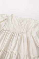 Elegant Tiered Puff Sleeve Linen Dress with Square Neckline and Flowy Silhouette