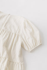 Elegant Tiered Puff Sleeve Linen Dress with Square Neckline and Flowy Silhouette