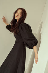 Linen Puff Sleeve Midi Dress with Square Neckline and Flared Hem