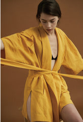 Elegant Linen Wrap Jacket with Oversized Sleeves and Waist Tie