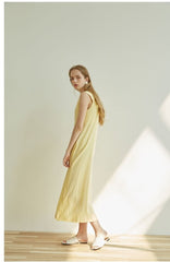 Sleeveless Midi Linen Dress for Women with Side Tie Detail and Back Keyhole Closure