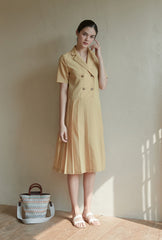 Short Sleeve Pleated Midi Linen Dress with Double-Breasted Front and Tailored Lapel Collar