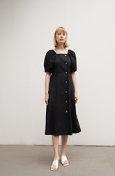 Square Neck Linen Midi Dress with Puff Sleeves and Button-Front Flared Silhouette