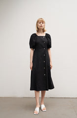 Square Neck Linen Midi Dress with Puff Sleeves and Button-Front Flared Silhouette