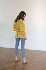 Off-Shoulder Relaxed-Fit Linen Blouse with Elastic Sleeves