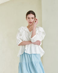 Ruffled Linen Blouse with Puff Sleeves and Peplum Hem – Lightweight Summer Top