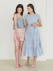 Cotton Poplin Midi Dress with Tiered Skirt and Belted Waist – Cap Sleeve Summer Essential