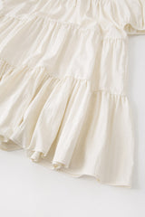 Elegant Tiered Puff Sleeve Linen Dress with Square Neckline and Flowy Silhouette