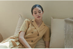 Short Sleeve Pleated Midi Linen Dress with Double-Breasted Front and Tailored Lapel Collar