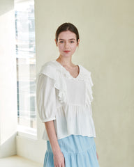 Ruffled Linen Blouse with Puff Sleeves and Peplum Hem – Lightweight Summer Top
