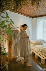 Vestido largo Madeline de lino y algodón con mangas abullonadas y volantes