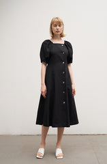 Square Neck Linen Midi Dress with Puff Sleeves and Button-Front Flared Silhouette