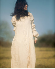 Laura Linen Cotton Square Neck Marie Sleeve Maxi Shirt Dress