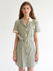 Short Sleeve Linen Shirt Dress with Waist Tie Belt and Contrast Collar for Effortless Chic