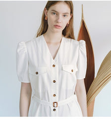 Tailored V-Neck Linen Midi Dress With Belt And Button-Front Detail For Women’s Spring Styling