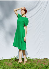 Elegant Puff-Sleeve A-Line Midi Linen Dress With Tailored Waist