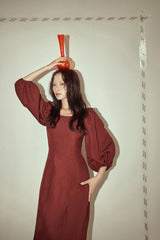 Square Neck Linen Midi Dress with Puff Sleeves and Flared Skirt