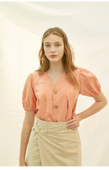 V-Neck Linen Blouse with Puff Sleeves and Tortoiseshell Buttons for Soft Feminine Charm