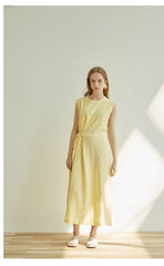 Sleeveless Midi Linen Dress for Women with Side Tie Detail and Back Keyhole Closure
