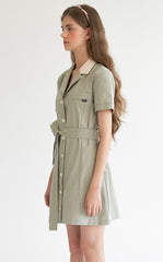 Short Sleeve Linen Shirt Dress with Waist Tie Belt and Contrast Collar for Effortless Chic