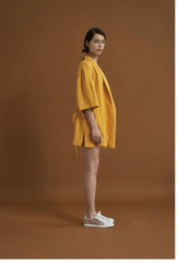 Elegant Linen Wrap Jacket with Oversized Sleeves and Waist Tie