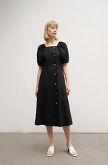 Square Neck Linen Midi Dress with Puff Sleeves and Button-Front Flared Silhouette