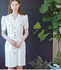 Tailored V-Neck Linen Midi Dress With Belt And Button-Front Detail For Women’s Spring Styling