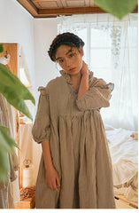 Vestido largo Madeline de lino y algodón con mangas abullonadas y volantes